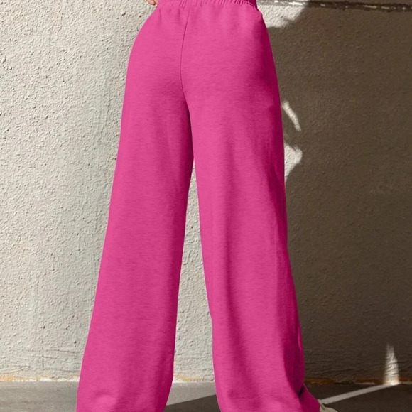 Hot Pink Women's Drawstring Waist Loose Wide Leg Palazzo Pants - Picture 3 of 5